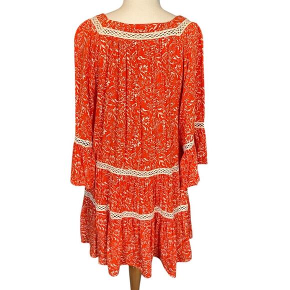 Free People Size Large Orange Boho Print Tunic Top Blouse W Ivory Crochet Trim - Picture 3 of 9